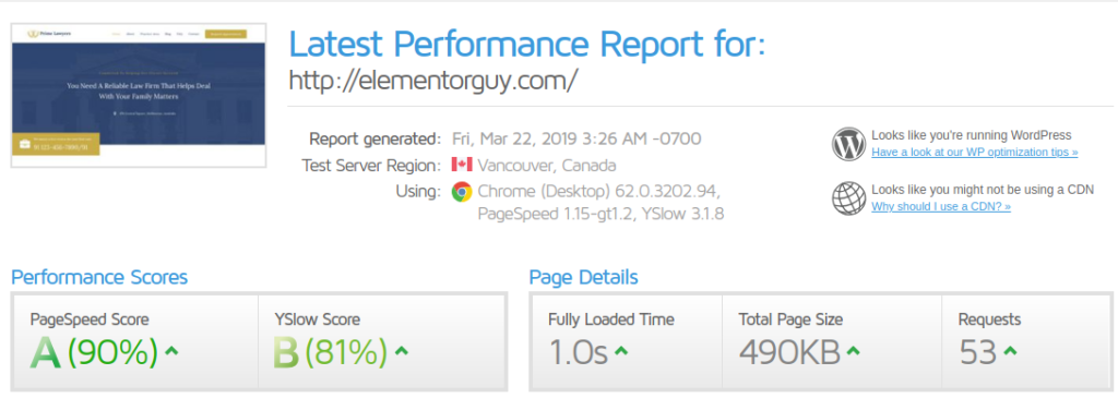 EasyWP website performance - GTMatrix