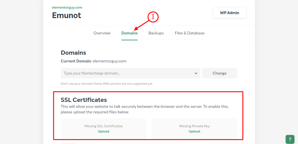 Switch to Domain then scroll down to SSL Certificates