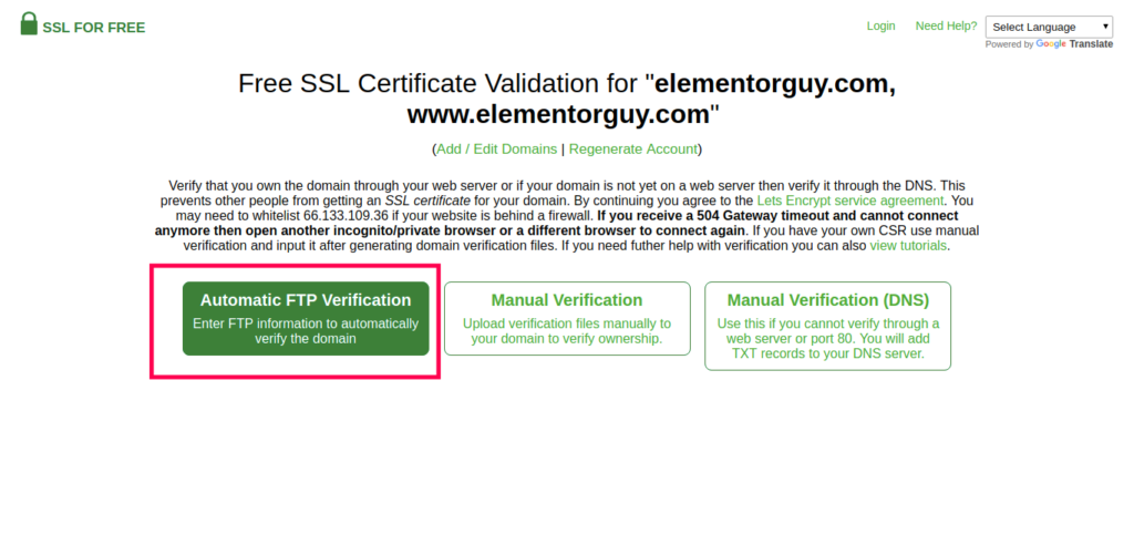 choose automatic ftp verification