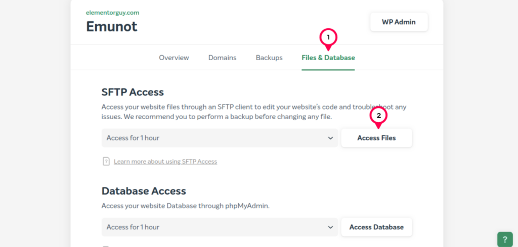 click files and database then click on access files
